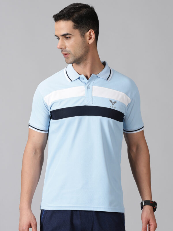 Men Dry Fit Polo Neck Striped Sky Blue T-Shirt